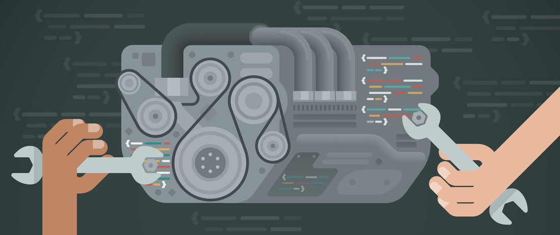 An illustration of an engine with two hands holding wrenches on either side.
