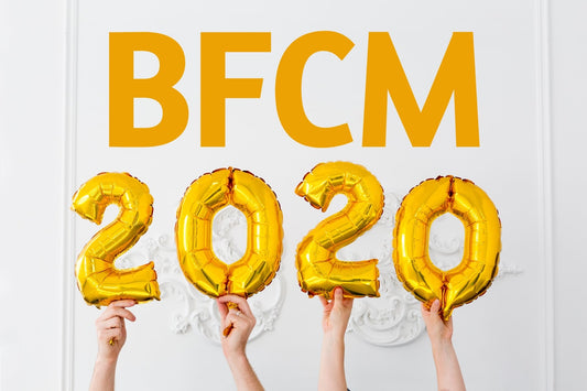 A photo with four hands each holding a numbered gold balloon spelling out 2020. Above the hands is BFCM in yellow capital letters