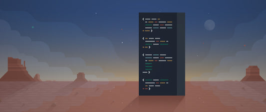 A black monolith with different coloured lines representing code. The monolith sits on the right hand side of the screen with a desert background.