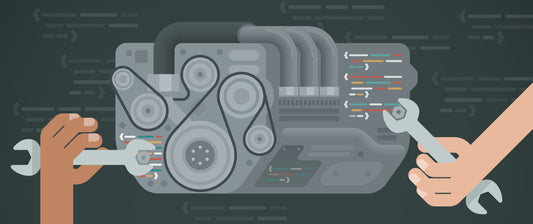 An illustration of an engine with lines of code on it. On either side, two hands holding wrenches on either side turn nuts an bolts.